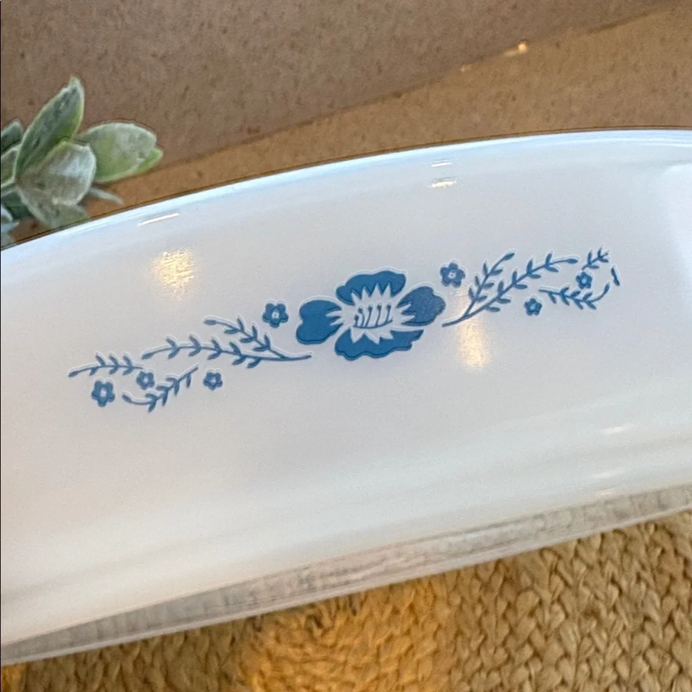 Vintage Termocrisa Milk Glass with Blue Flowers Shallow Casserole Dish